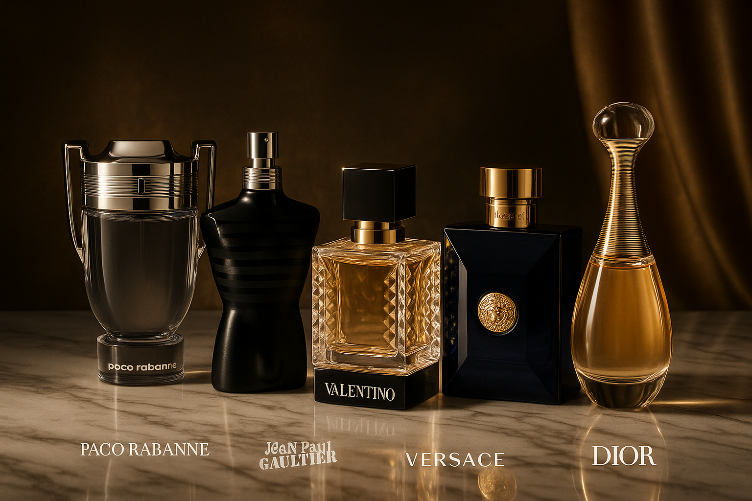 UNA IMAGEN PUBLICITARIA CON PERFUMES DE PACO RABBANE, PAUL GAULTIER, VALENTINO, VERSACE, DIOR